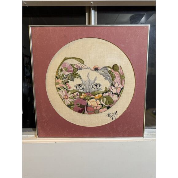 1983 Signed Ruth Framed Embroidery Textile Art Cat in Flowers Framed No Glass